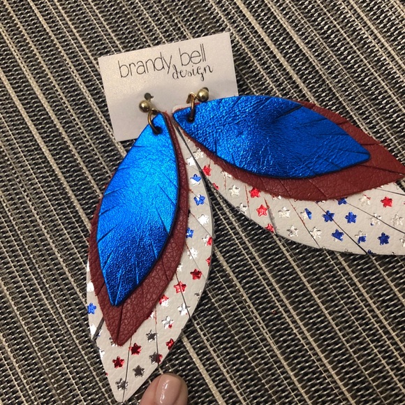 Leather Earrings Red White Blue - Picture 2 of 2